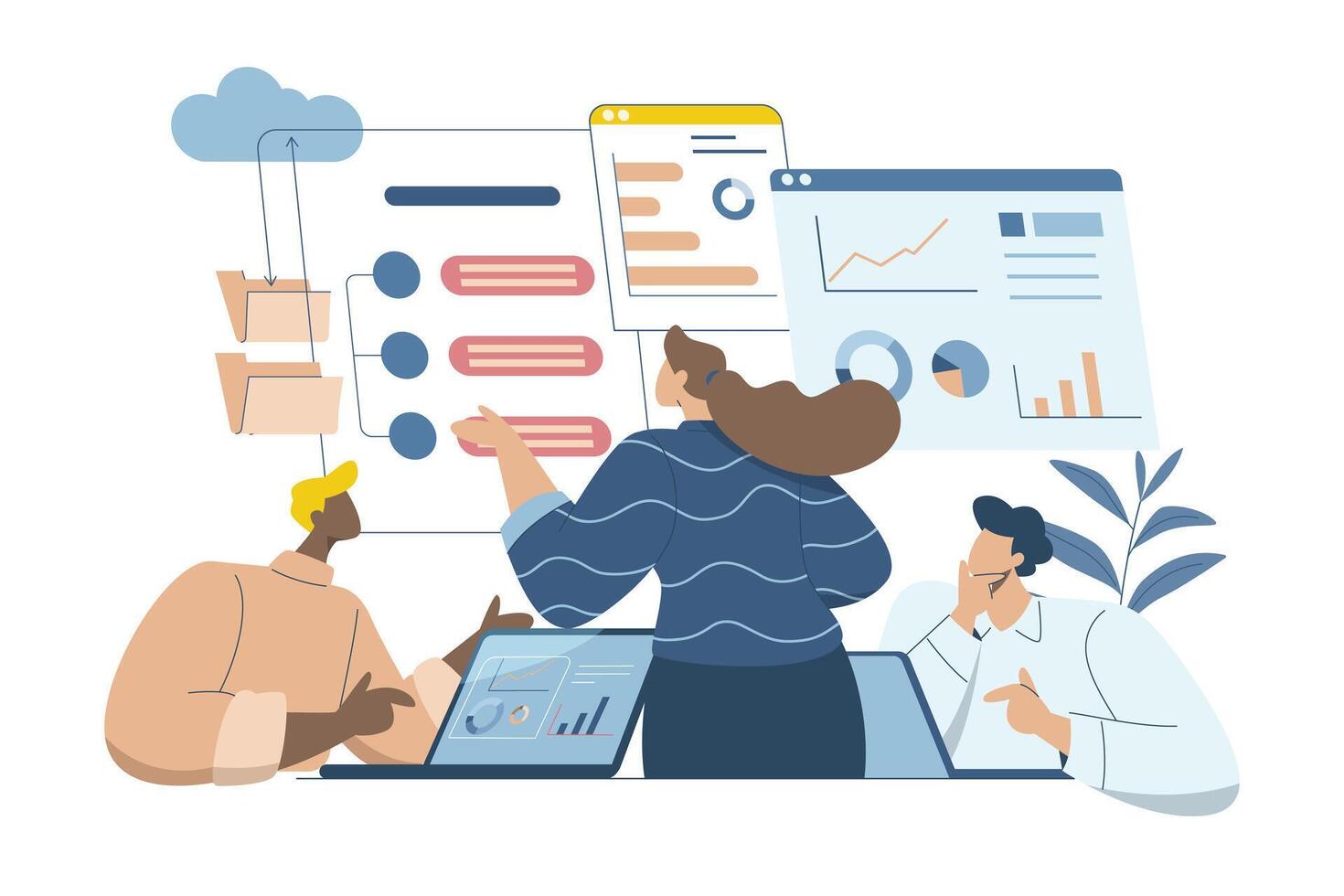 Business technology cloud computing service concept, Data analysis, Storing important data, Categorizing or classifying work files, Business team checking big data on dashboard or website page. vector