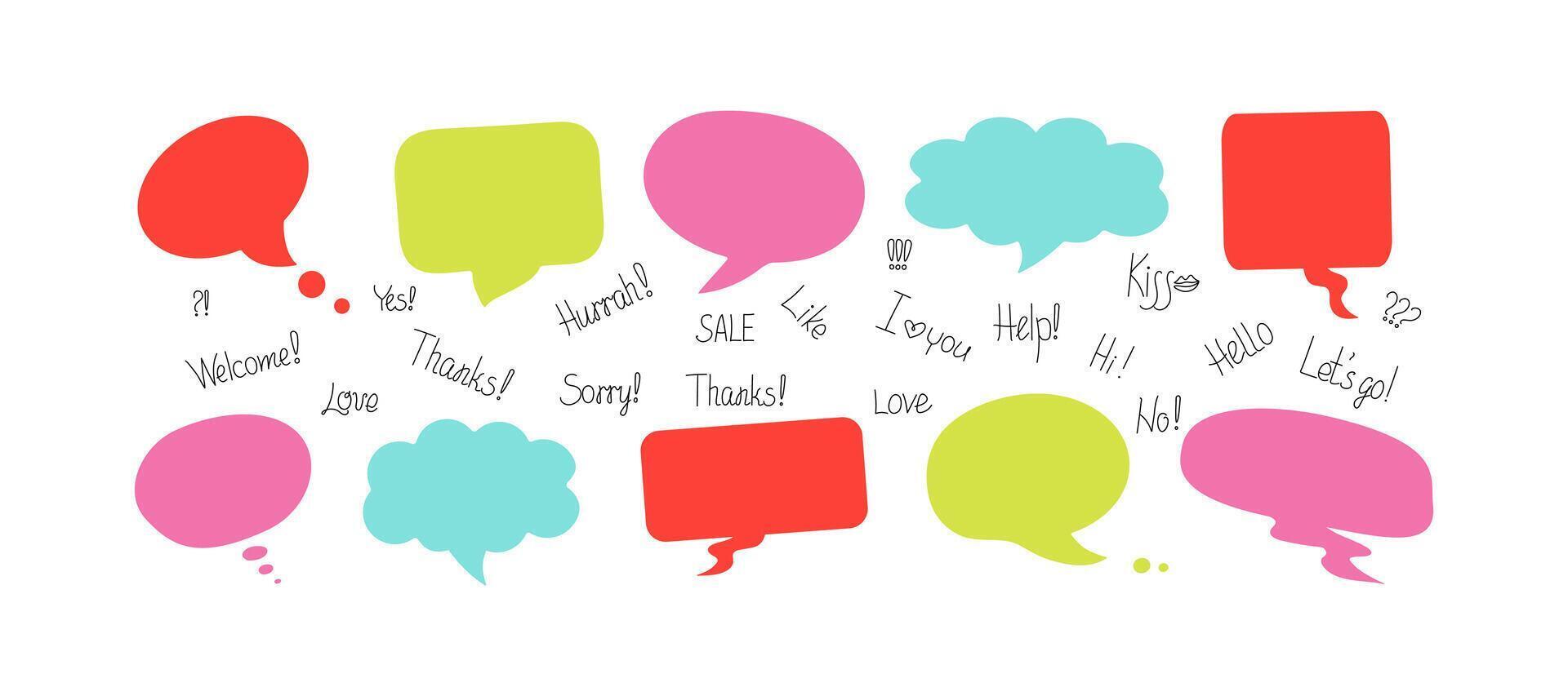 Phrases, conversation bubbles. Online chat clouds with various words, comments, information forms. Suitable for illustrating reactions, drawings with text. vector