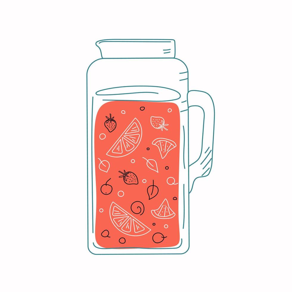 Glass jug with fruit drink. Drawing, doodles. Summer fruit mix with lemons, berries, oranges. vector