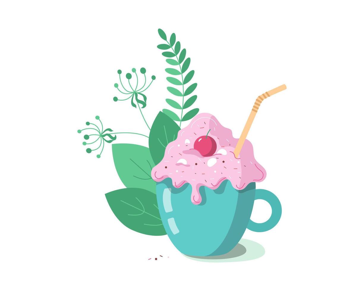 Coffee drink, dessert chilled in a cup. Whipped cream, chocolate or caramel. Ice cream, coffee, cream, cherry, flat illustration. Isolated background. vector