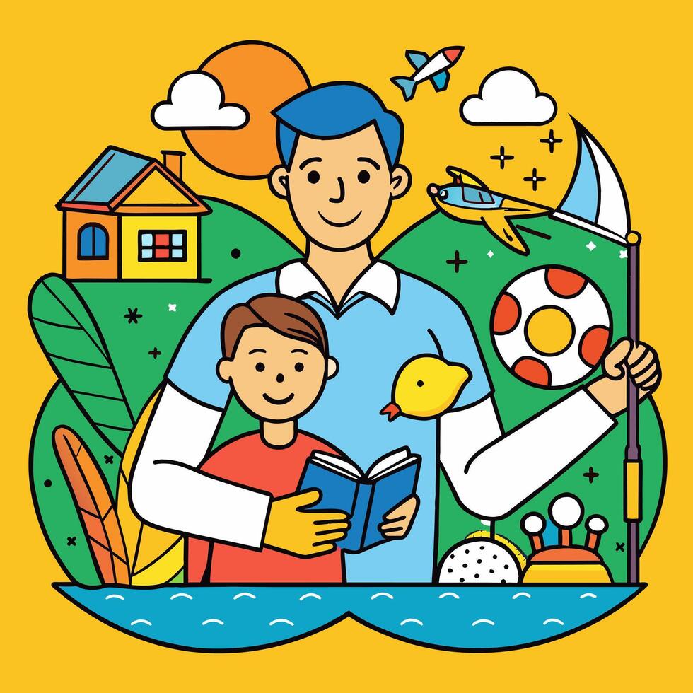 Happy Father's Day greeting card. Love concept. Various activities For father and child. vector