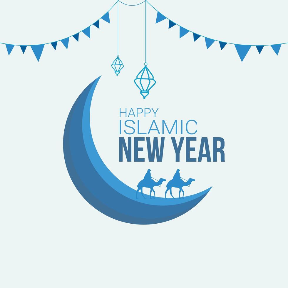 Happy muharram islamic new hijri year background. Holy great mosque silhouette with crescent moon at night scene illustration. Muslim community festival backdrop banner template design. eps 10 vector