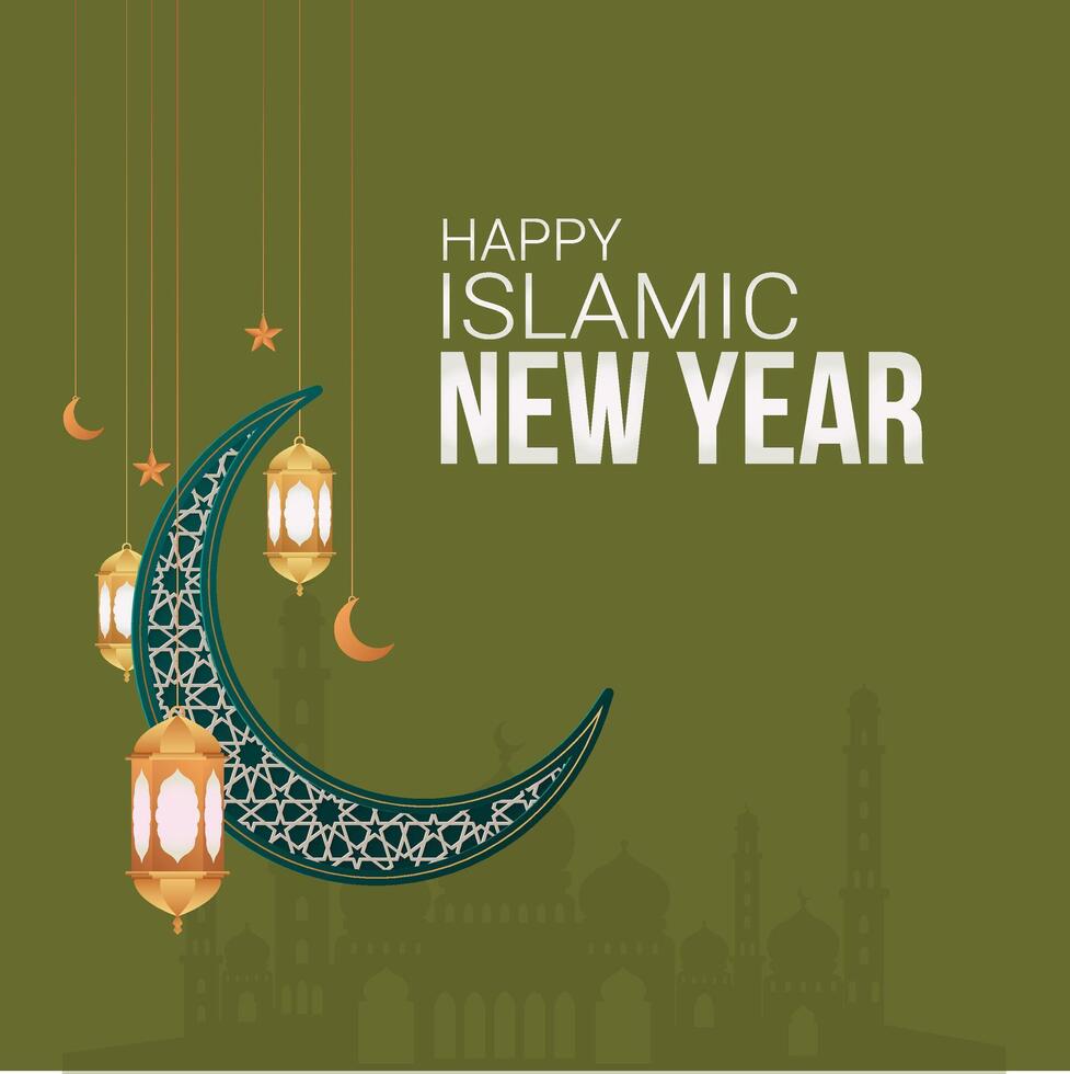 Happy Islamic New Year 1441 background design with traditional lantern lamp and great mosque illustration for muslim community event. eps 10 vector