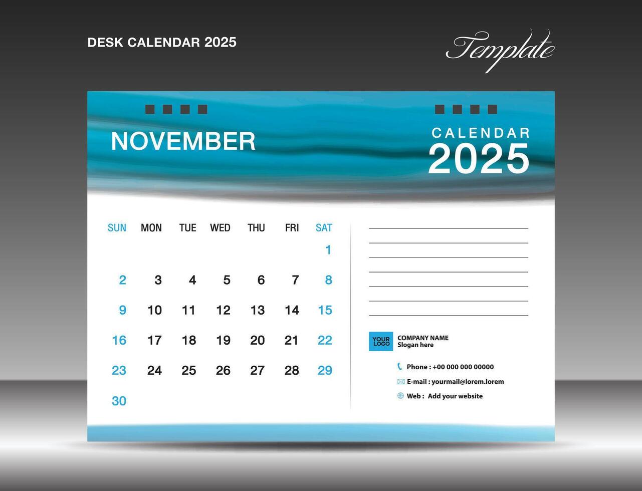 Desk calender 2025 - November 2025 template, Calendar 2025 design template, planner, simple, Wall calendar design, week starts on sunday, printing, advertiement, Blue watercolor background, vector