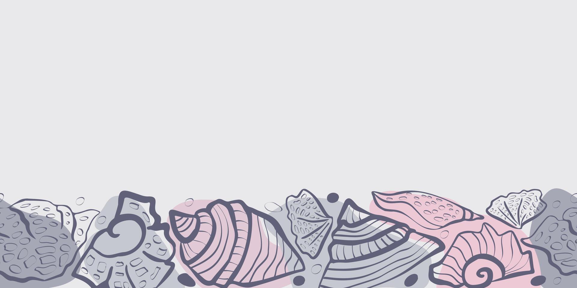 Frieze with Linear drawing of seashells. Texture with ovals and stripes. Dark blue colour. For textile, fabric, wrapping, inventation, postcard vector