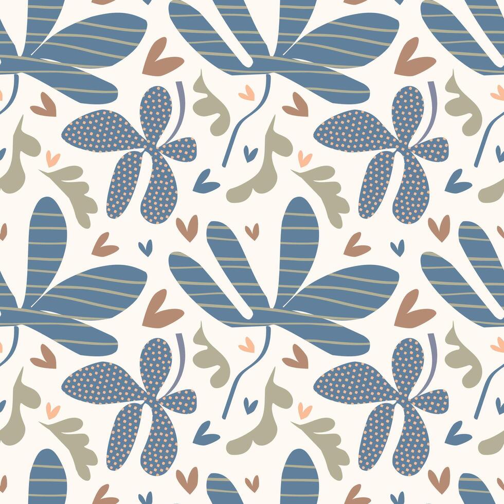Seamless pattern with abstract floral elements. Textured by stripes, dots. zigzags, scribbles. Natural colors. for textile, wrapping paper, wallpaper vector
