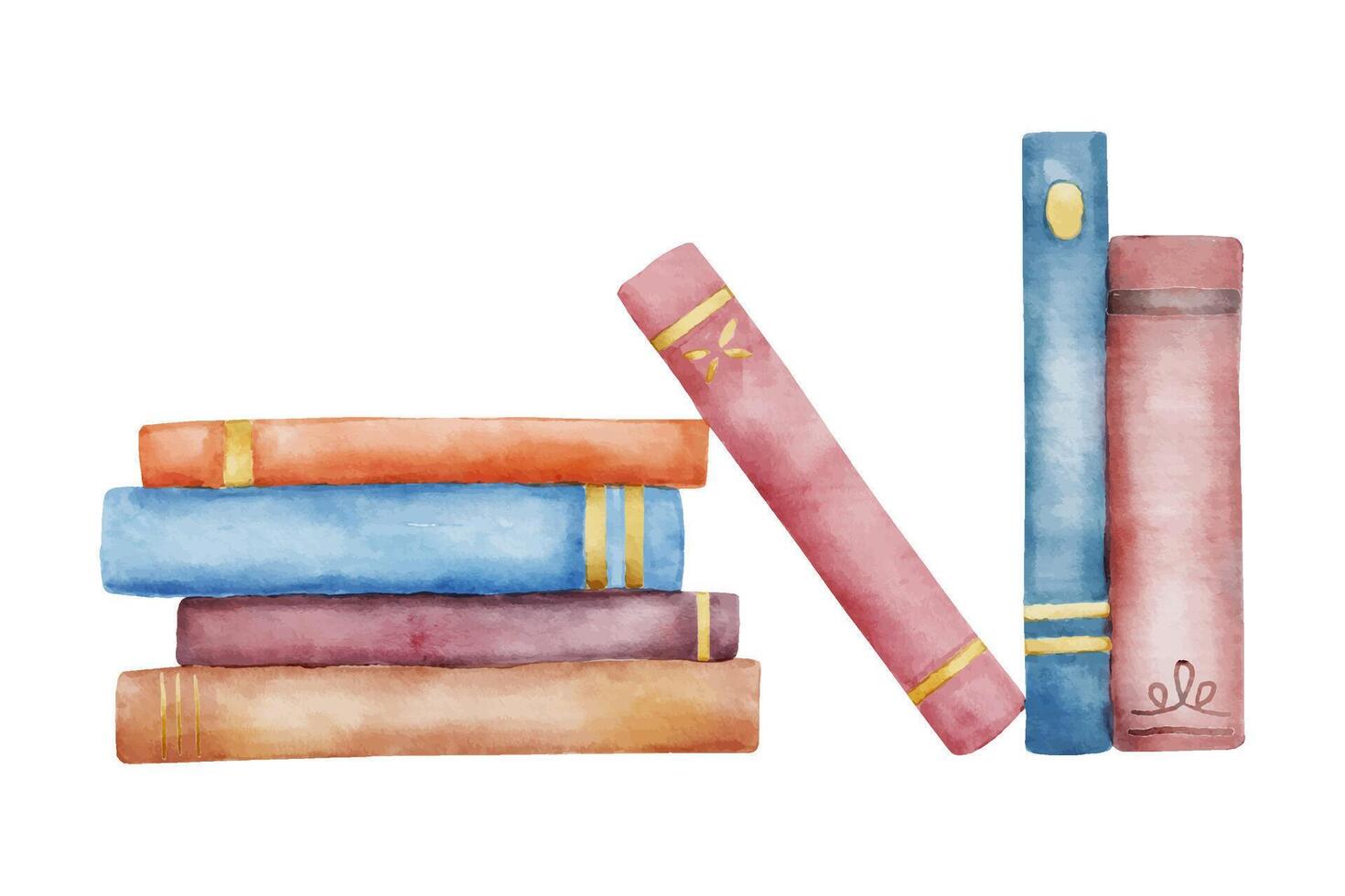 Books on bookshelf in library. Hand drawn literature for reading and study. Watercolor illustration vector