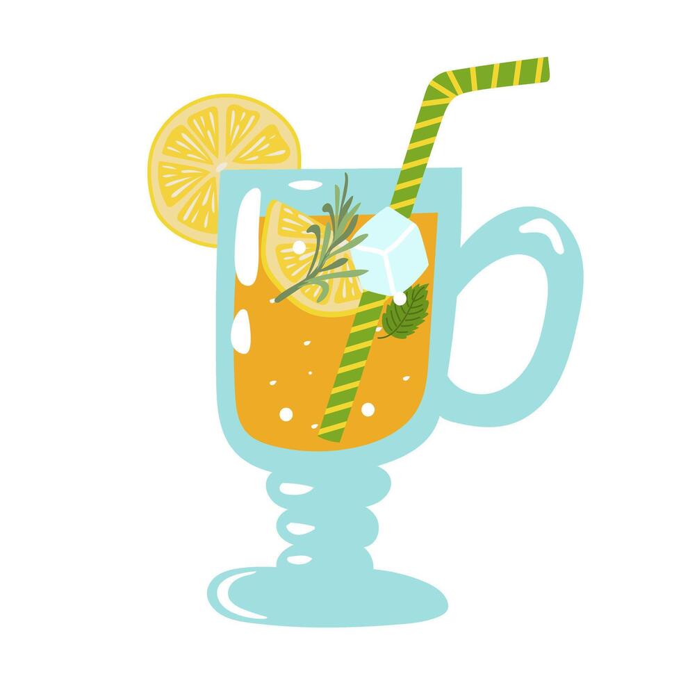 Hand drawn lemonade with rosemary, lemon, mint and ice. vector