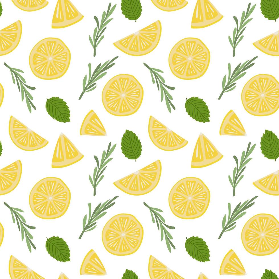 Tropical seamless pattern with yellow lemons, mint and rosemary. Fruit repeated background. vector