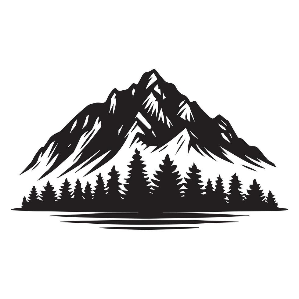 Mountain with trees illustration in black and white vector