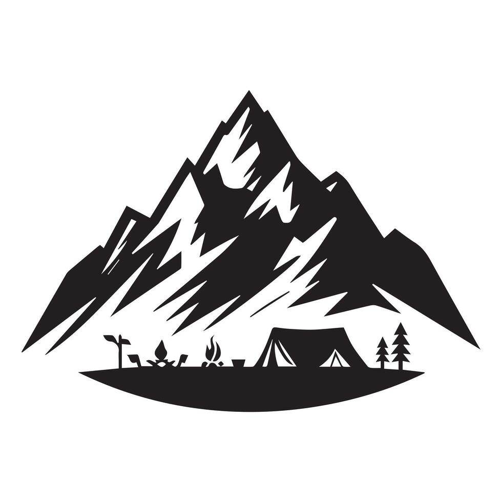 Mountain and camping site illustration in black and white vector