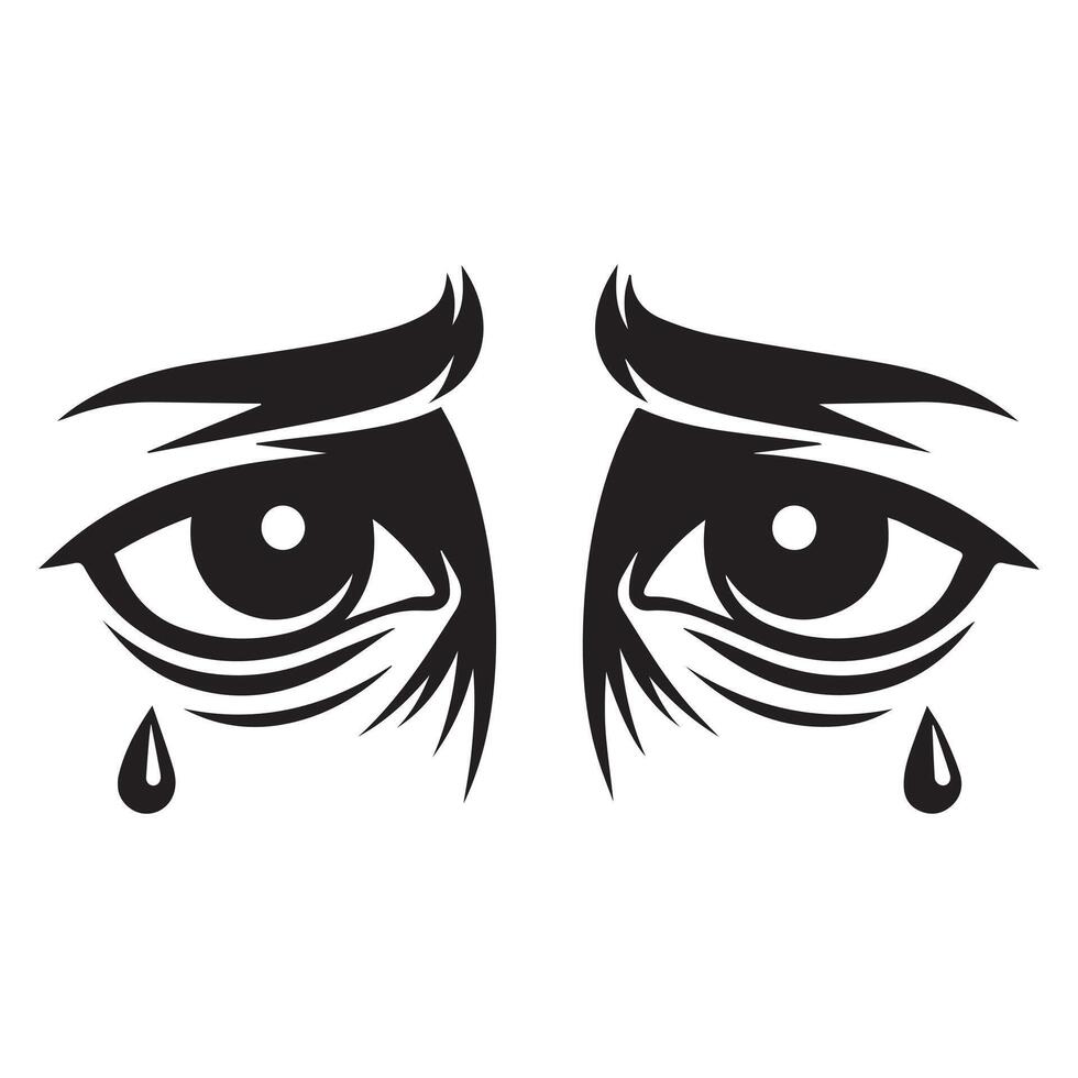 Sad depressed look and frowning eyes illustration in black and white vector