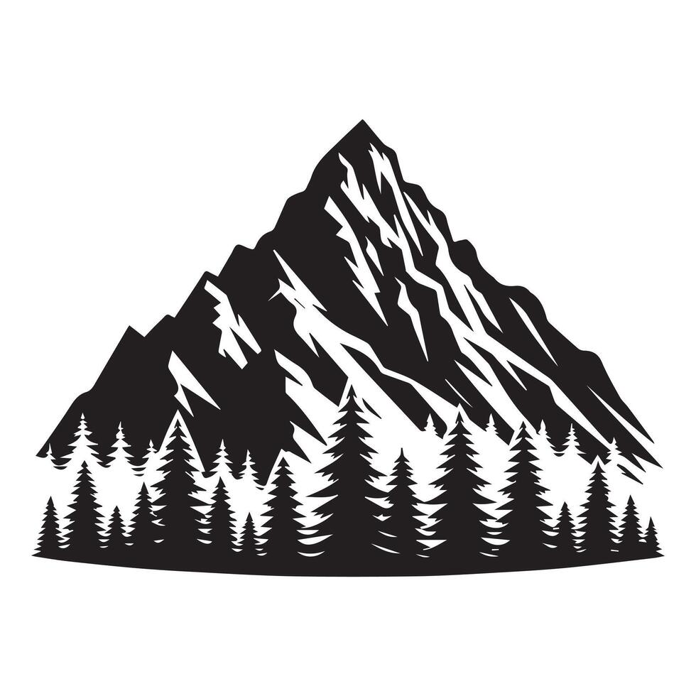 Mountain and pine trees illustration in black and white vector
