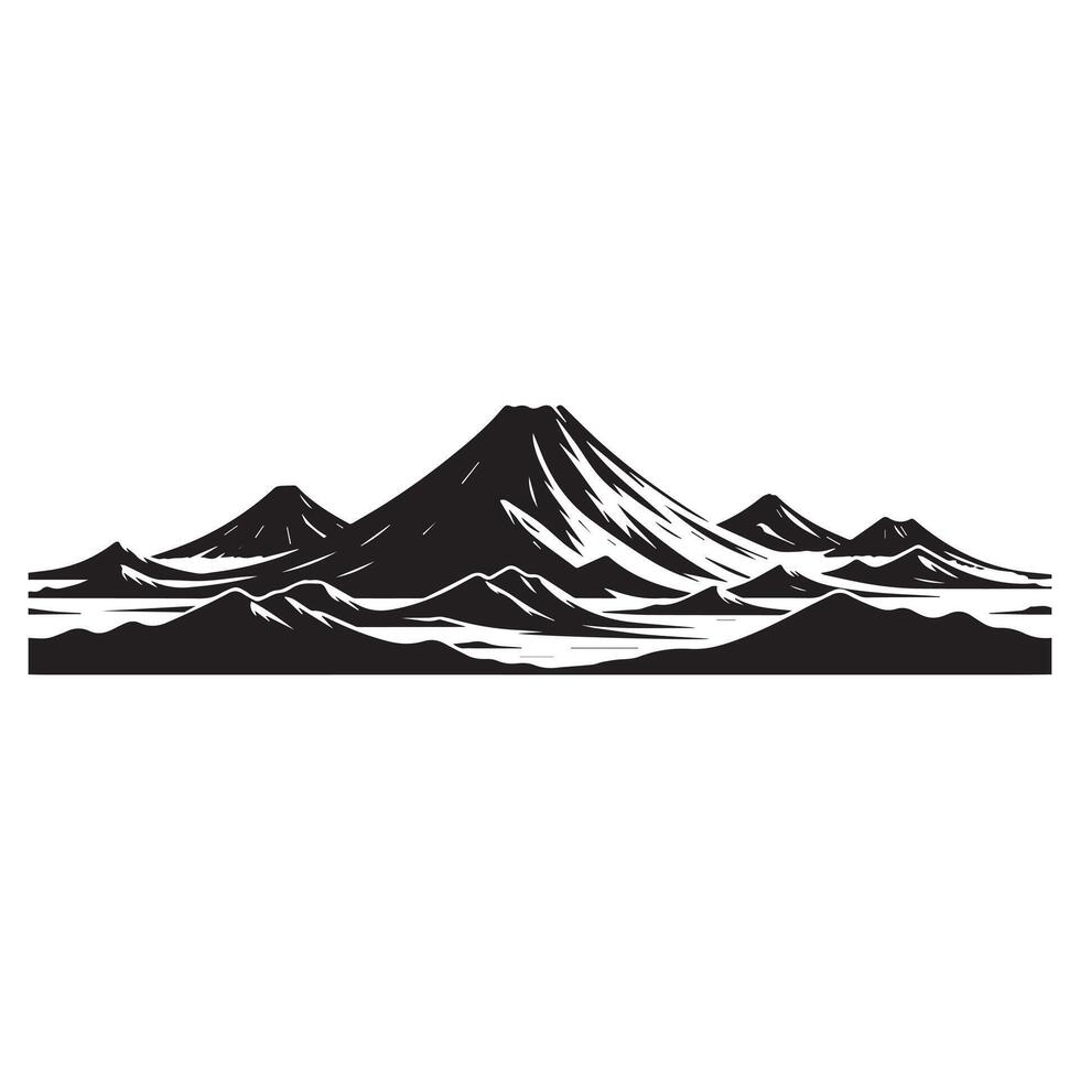 A wide Volcanic mountain illustration in black and white vector