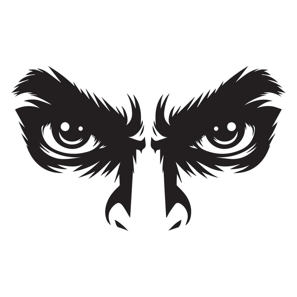 Eyes with a fierce intense look and furrowed brows illustration in black and white vector