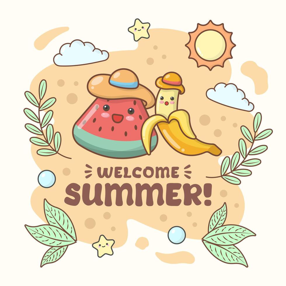 summer vibes party beach watermelon and banana watermelon with cute facial expressions and pastel colour vector