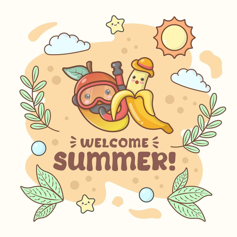 summer vibes party beach banana and mango with cute facial expressions and pastel colour vector