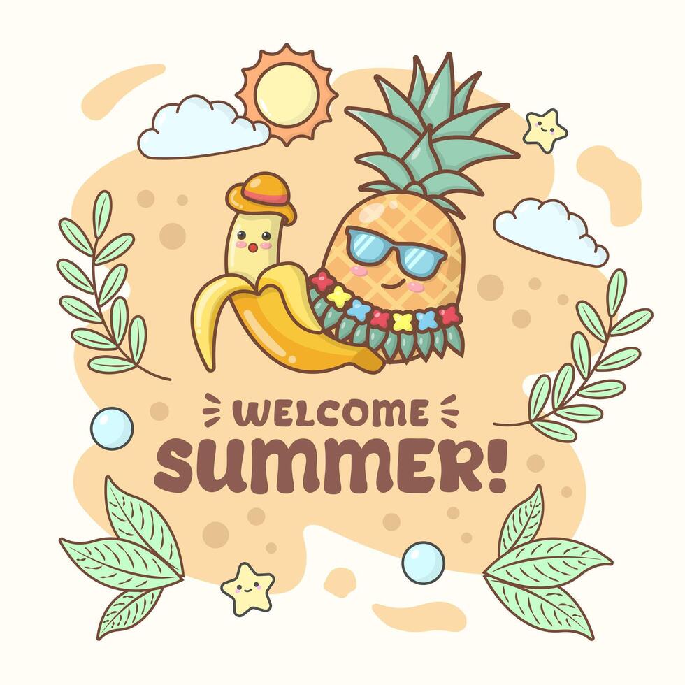 summer vibes party beach watermelon and mango with cute facial expressions and pastel colour vector