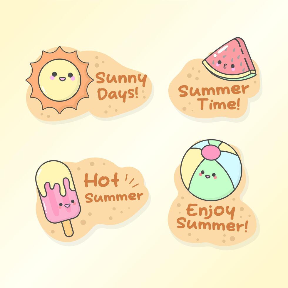 summer beach party sticker sun ice cream watermelon ball with cute facial expressions and pastel colour vector