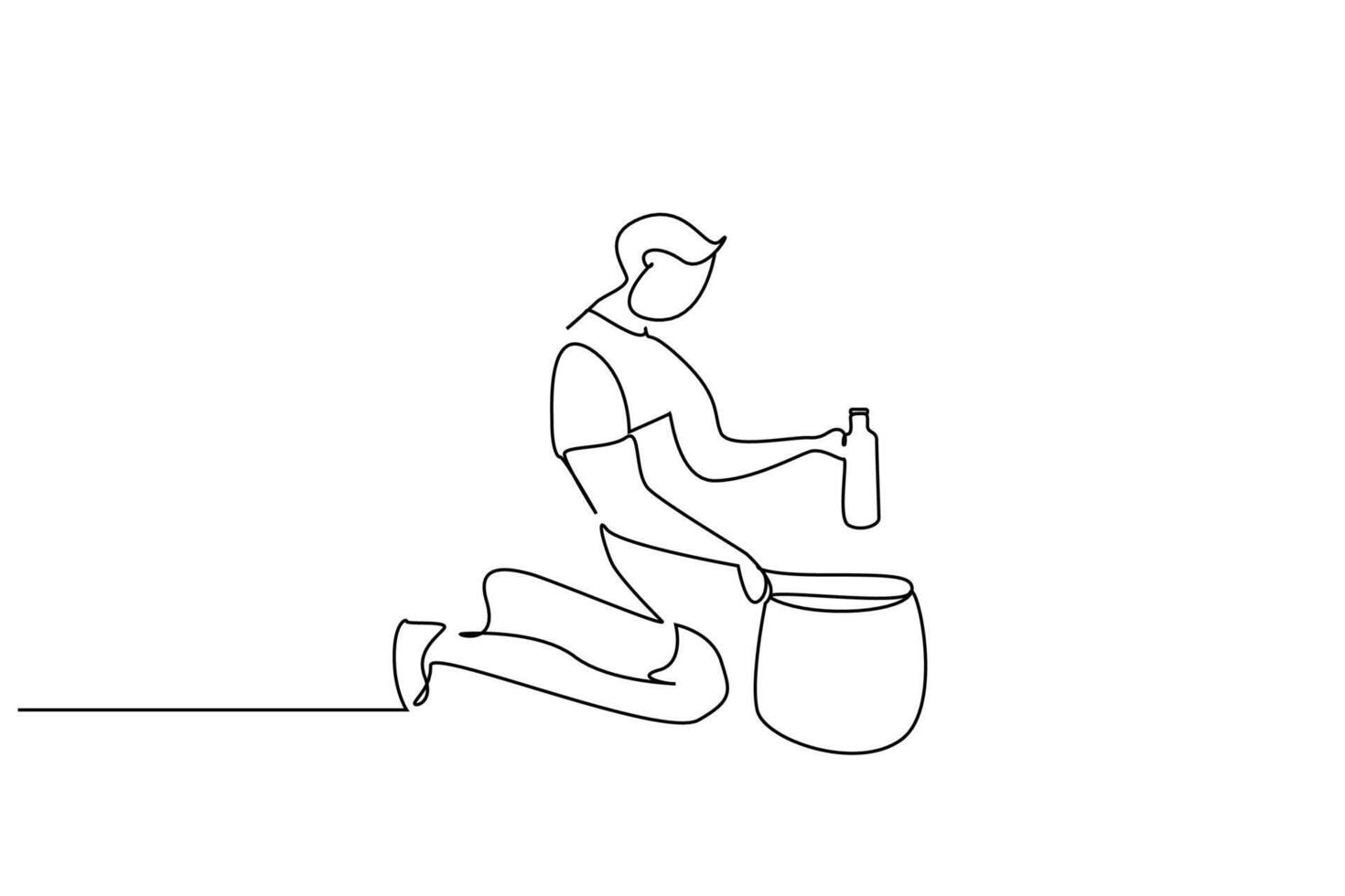sensitive nature loving citizen collects plastic dirty garbage cleans nature line art design vector