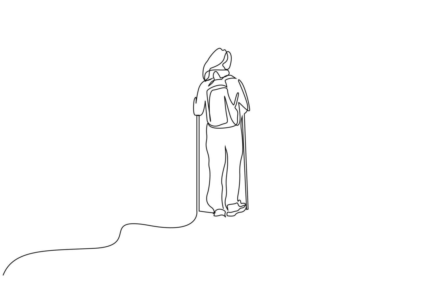 one person walking in nature hike trekking walking line art vector