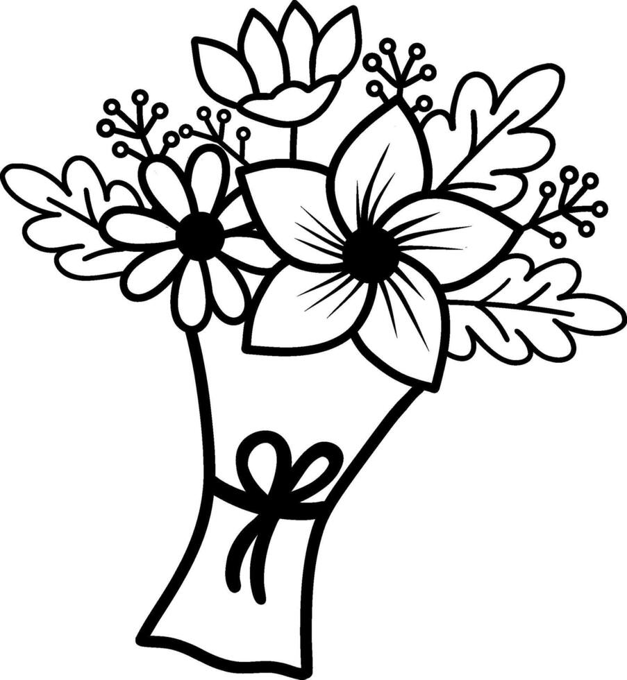 illustration of a bouquet of flowers, a black and white bouquet with individual flowers. Used for greeting cards, wedding invitations, birthday, Valentine's Day, Mother's Day. vector