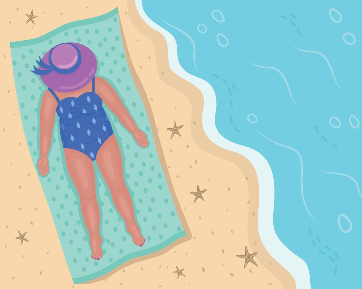 A girl is sunbathing on the beach, a hat pulled over her face. An attractive girl against the background of tropical sand and ocean. A beautiful girl in a blue swimsuit is sunbathing on the beach. vector