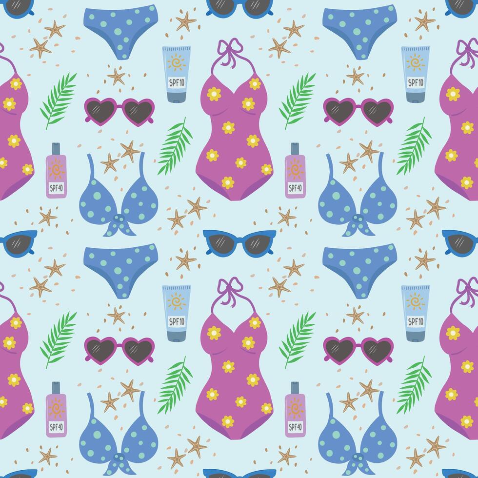 seamless pattern with swimwear, sunscreen, starfish and sunglasses. Fashionable background in a nautical style. Marine and summer illustration. vector