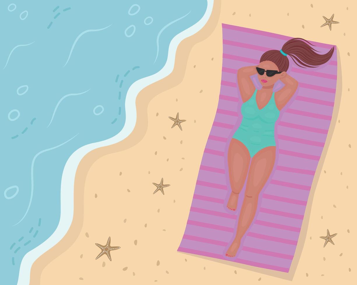 A girl is sunbathing on the beach. An attractive girl against the background of tropical sand and ocean. A pretty girl in a green swimsuit is sunbathing on the beach. beach illustration . vector