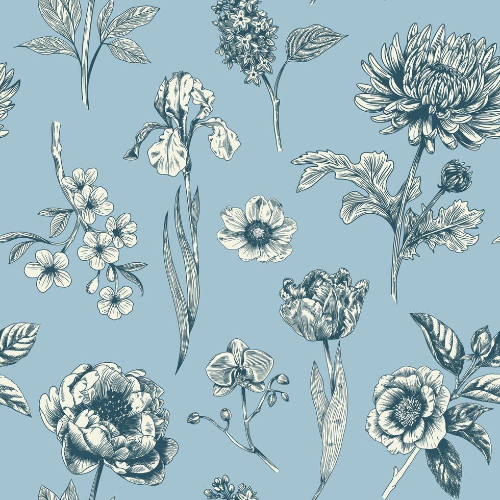 Abstract modern floral seamless pattern with hand drawn flower in Toile de jouy style. Retro elegance repeat print. Vintage design for fabric, wallpaper or wrapping vector