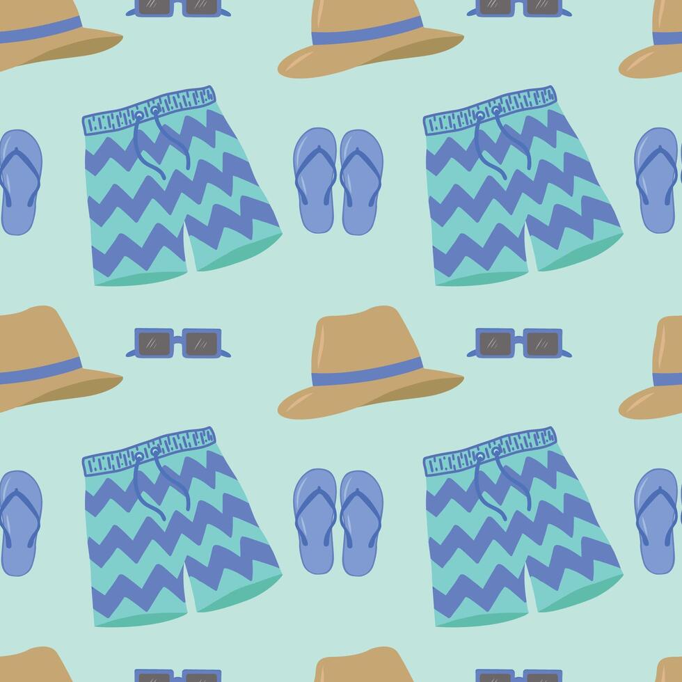 Beachwear, seamless pattern, . Men's shorts, swimming trunks, glasses and a hat on a light blue background. Stock illustration vector