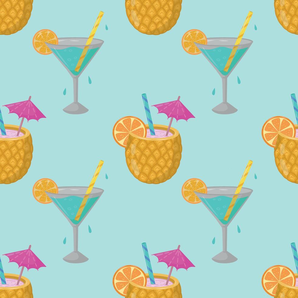 Summer seamless pattern with hand-drawn alcoholic cocktails. Vintage background with drinks, pineapples, martinis on a blue background for textiles, wrapping paper, menus vector