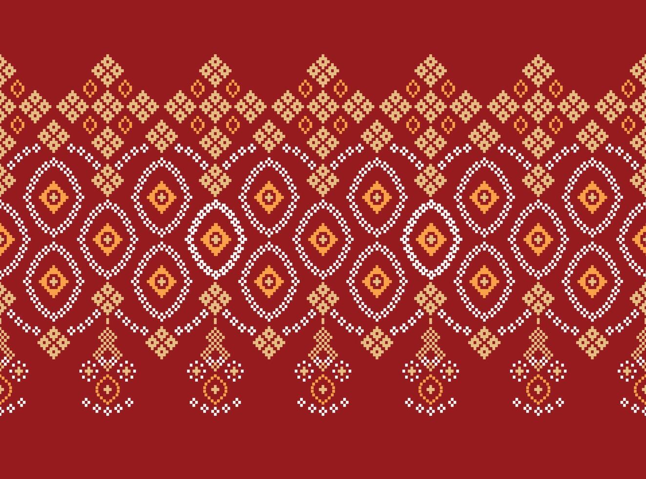 Traditional ethnic motifs ikat geometric fabric pattern cross stitch.Ikat embroidery Ethnic oriental Pixel red background. Abstract,illustration. Texture,christmas,decoration,wallpaper. vector