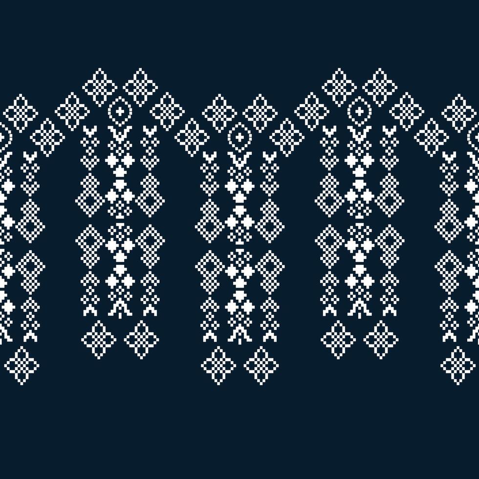 Traditional ethnic motifs ikat geometric fabric pattern cross stitch.Ikat embroidery Ethnic oriental Pixel navy blue background. Abstract,illustration. Texture,decoration,wallpaper. vector
