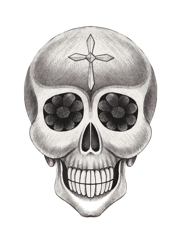 Skull tattoo design by hand drawing on paper vector