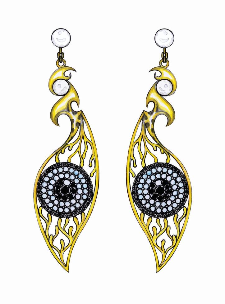 Jewelry design fancy eye earrings sketch by hand drawing on paper. vector