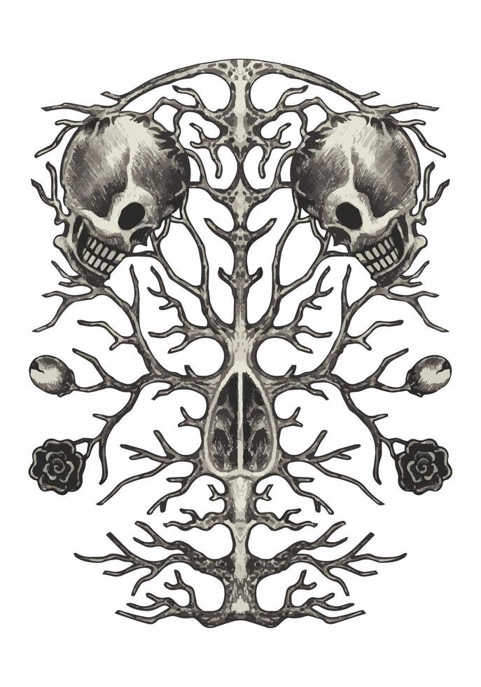 Surreal art nature and skull design by hand drawing on paper. vector