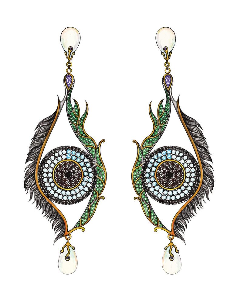 Jewelry design fancy feather eye earrings sketch by hand drawing on paper. vector