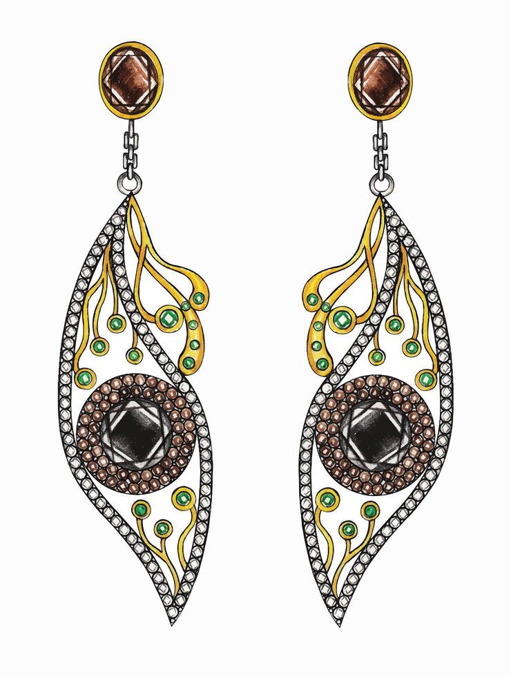 Jewelry design fancy eye earrings sketch by hand drawing on paper. vector