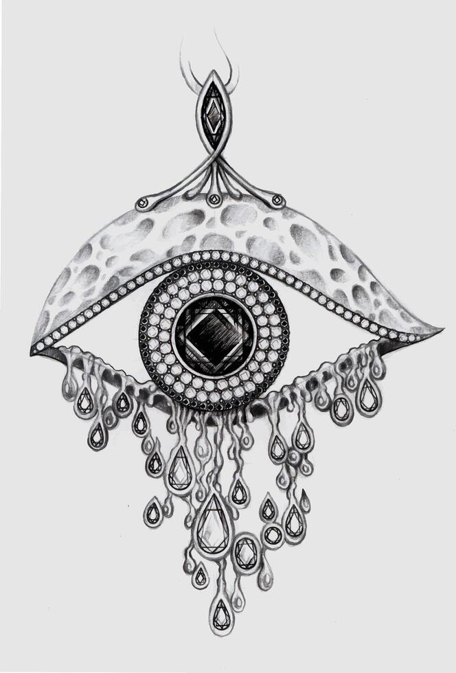 Jewelry design surrealist eye pendant sketch by hand drawing on paper. vector