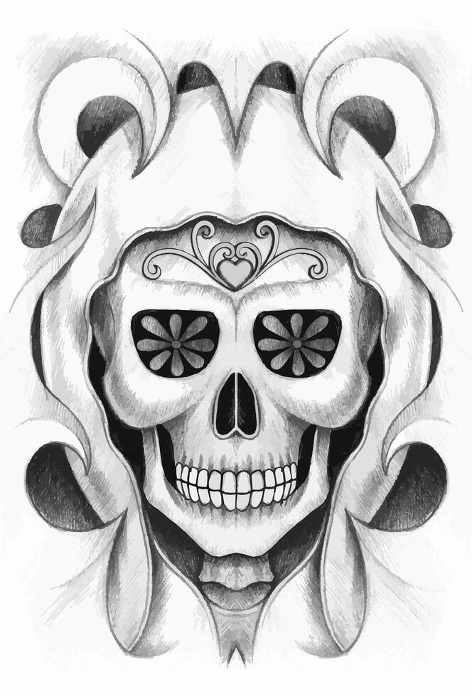 Skull tattoo design by hand drawing on paper vector