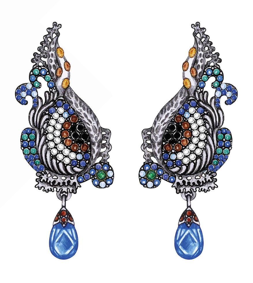 Jewelry design under the sea eye earrings sketch by hand drawing on paper. vector