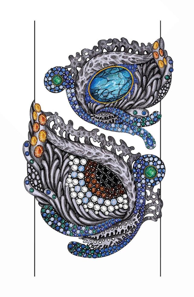 Jewelry design under the sea surreal eye bangle sketch by hand drawing on paper. vector