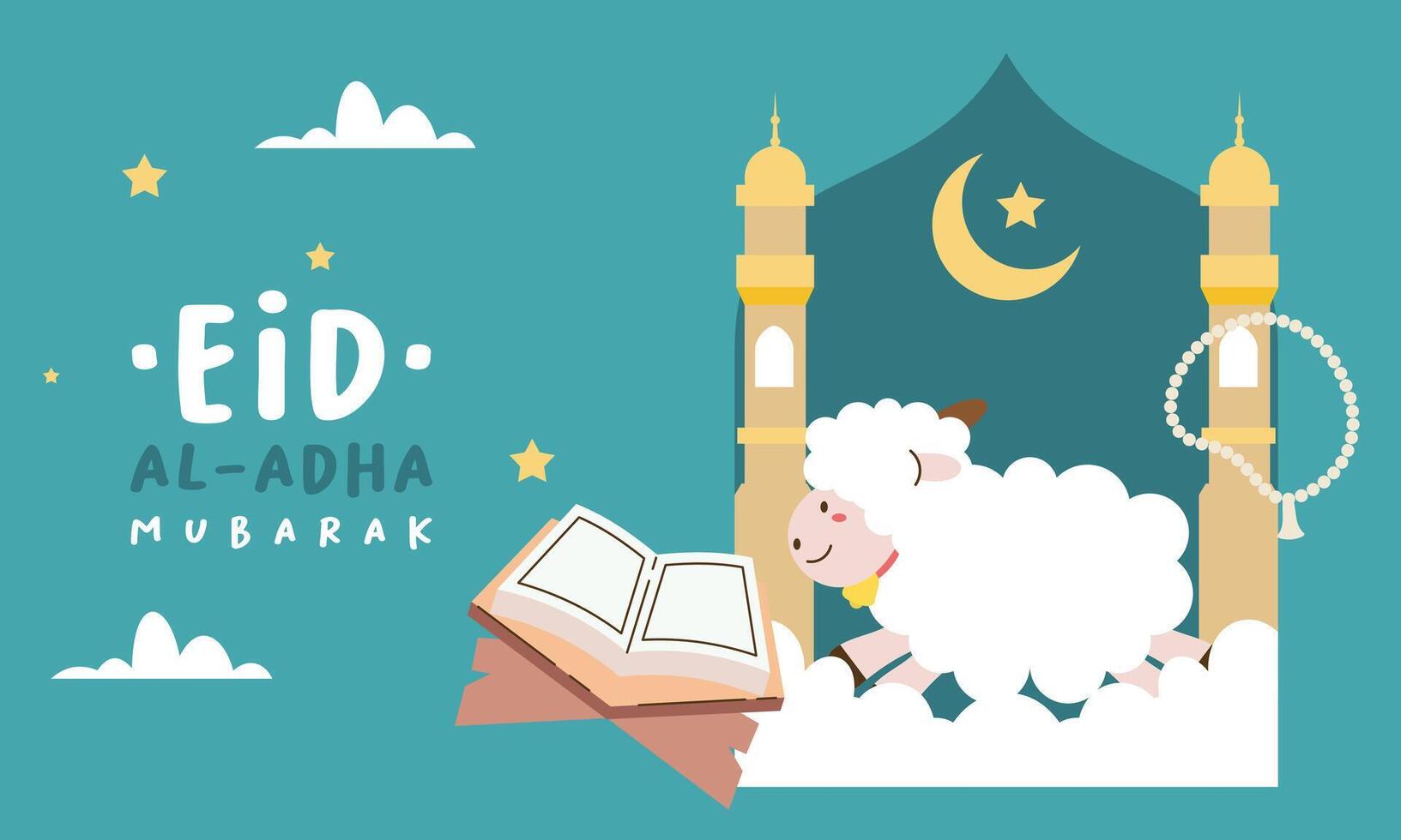Holy Eid Al Adha Mubarak Cute Banner Cartoon doodle vector