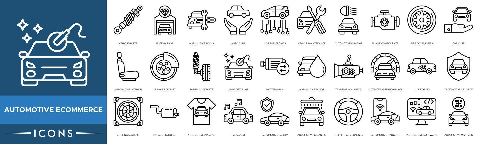 Automotive eCommerce icon. Vehicle Parts, Elite Garage, Automotive Tools, Auto Care, Car Electronics, Vehicle Maintenance, Automotive Lighting and Engine Components vector