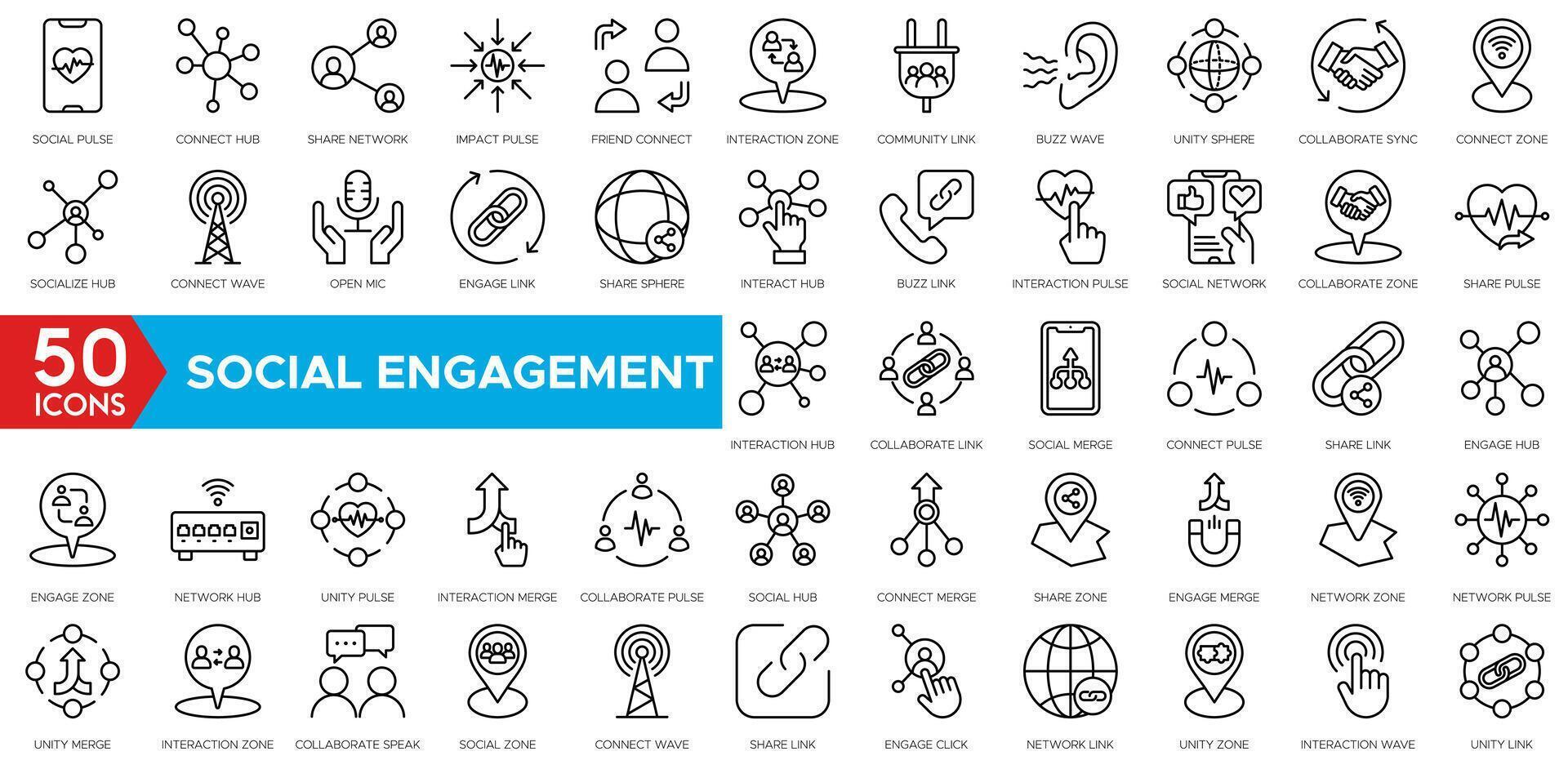 Social Engagement icon set. Social Pulse, Connect Hub, Share Network, Impact Pulse, Friend Connect, Interaction Zone, Community Link and Buzz Wave vector