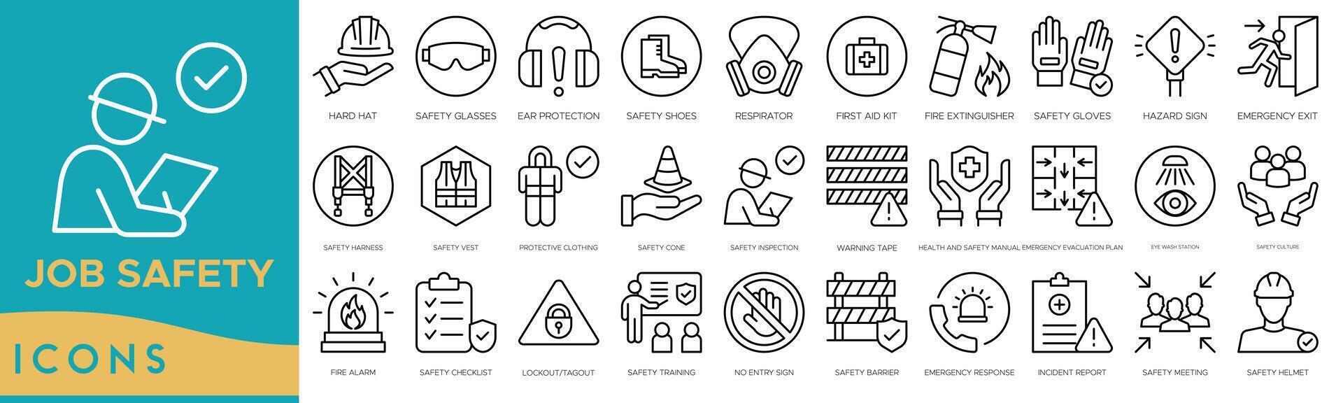 Job Safety icon set. Hard Hat, Safety Glasses, Ear Protection, Safety Shoes, Respirator, First Aid Kit, Fire Extinguisher and Safety Gloves vector