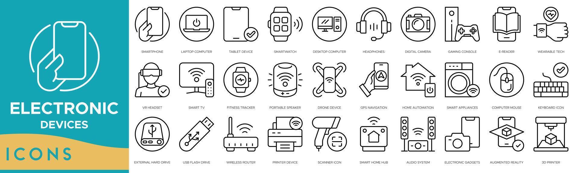 electrónico dispositivos icono colocar. teléfono inteligente, ordenador portátil computadora, tableta dispositivo, reloj inteligente, escritorio computadora, auriculares y digital cámara vector