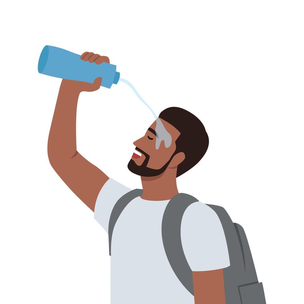 Tired man tourist pouring water on face during long walk in nature in hot weather. Traveler guy with backpack on back exhaustively washes head on go to avoid sunstroke. vector