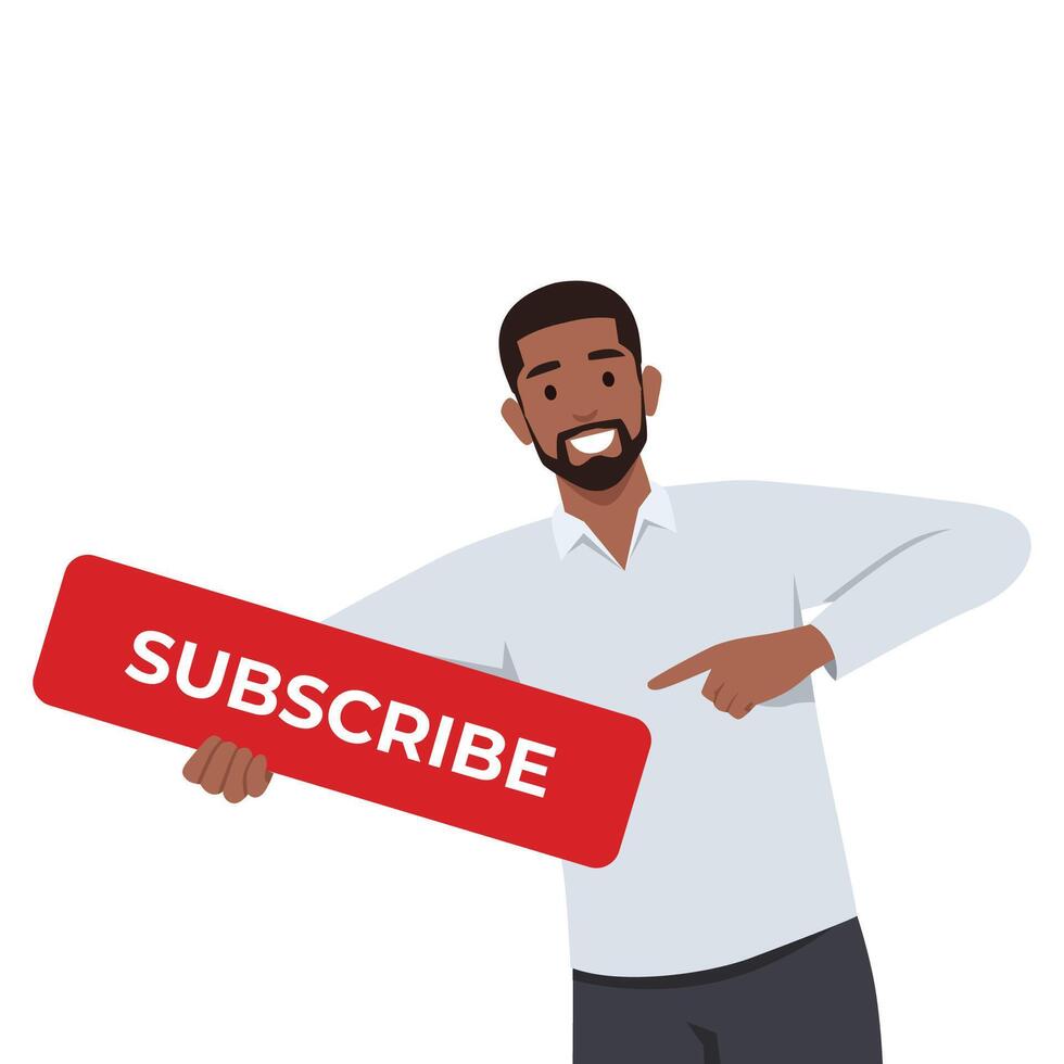 Young man holds a subscribe button with a call to click. vector